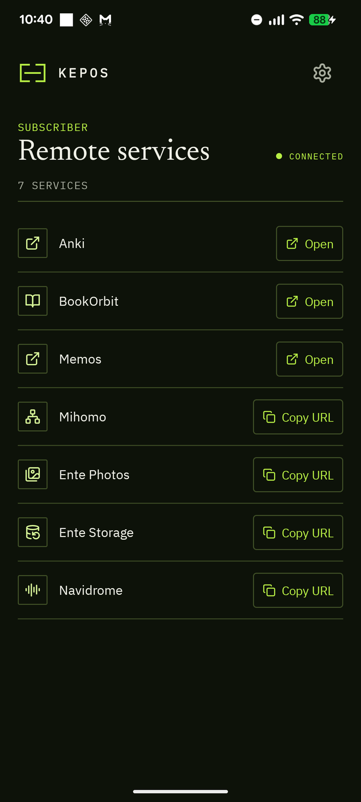 Kepos for Android showing seven available remote services